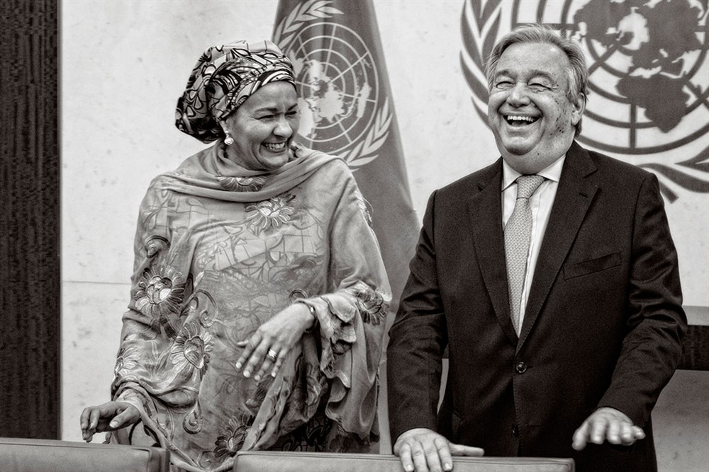 The 9th Secretary-General of the United Nations António Guterres, in his office with Deputy Secretary-General Amina J. Mohammed, on their first day at work in their new capacities. UN Photo/Mark Garten