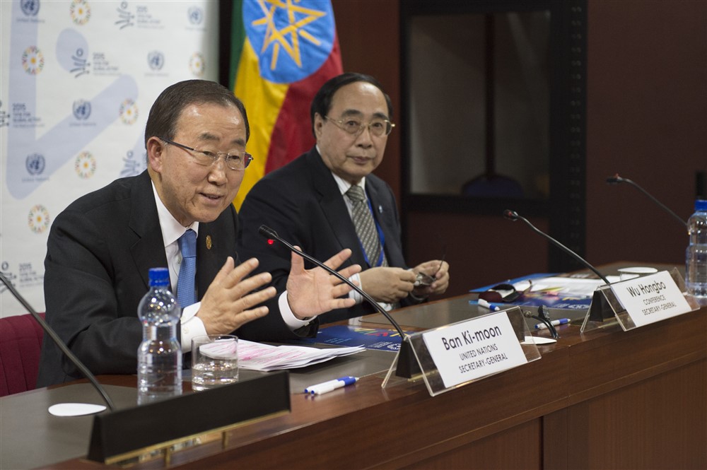 Former Secretary-General Ban Ki-moon (left) addresses a press conference before departing from Addis Ababa, after attending the Third International Conference on Financing for Development. At his side is Wu Hongbo, UN Under-Secretary-General for Economic and Social Affairs. UN Photo/Eskinder Debebe